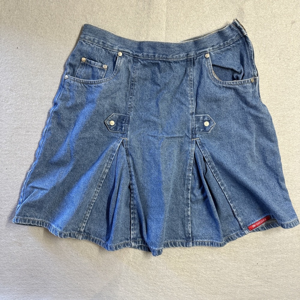 Vintage 90s No Excuses Pleated Denim Mini Skirt High Waisted A-Line 11/12 Boho